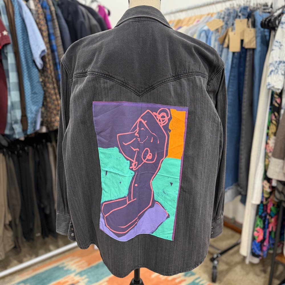 Levi's Faded Black Button Down Shirt Back Patch Graphic Reworked Upcycled